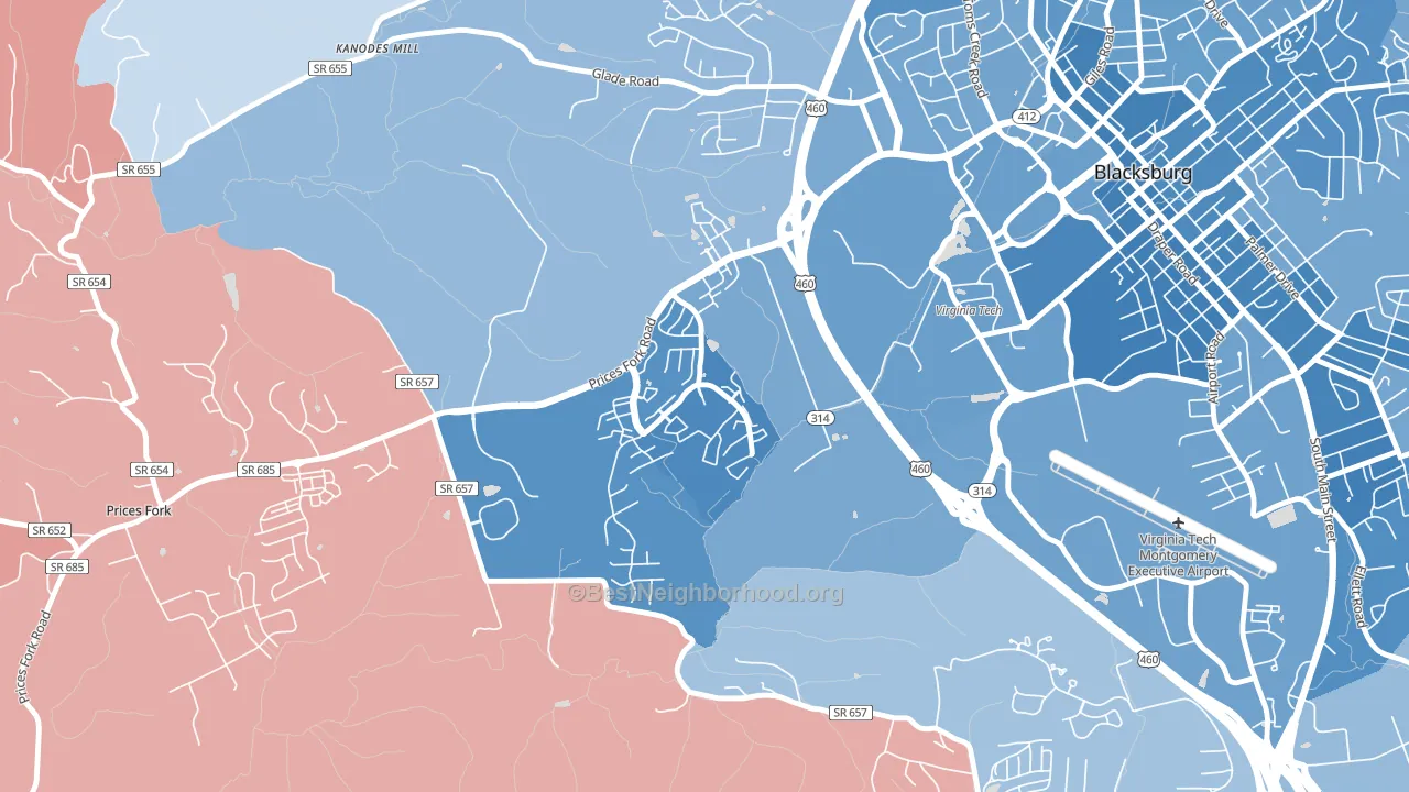 Hethwood-Prices Fork, Blacksburg, VA block-group political-lean map