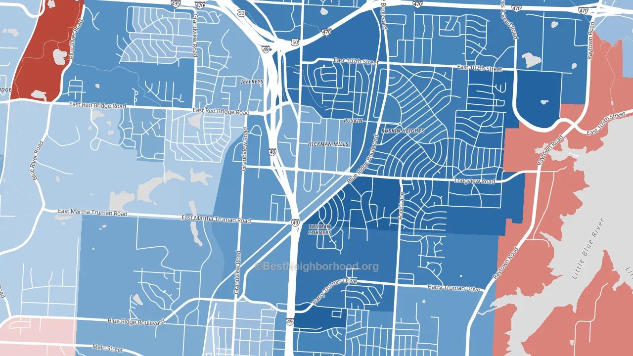 Hickman Mills, Kansas City, MO block-group political-lean map
