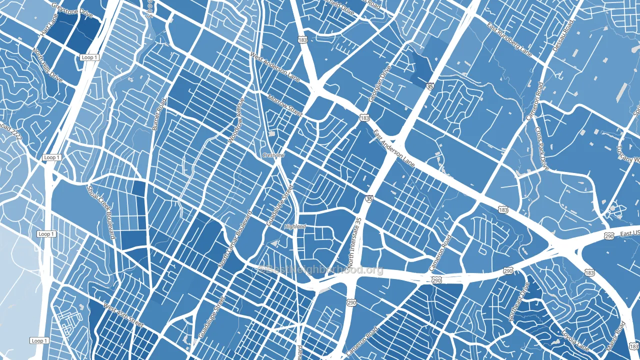 Highland, Austin, TX block-group political-lean map