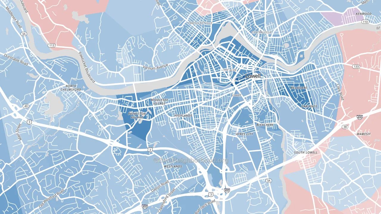 Highlands, Lowell, MA block-group political-lean map