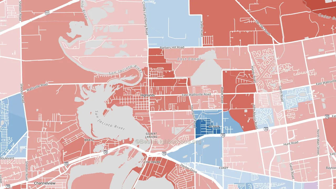 Highlands, TX block-group political-lean map