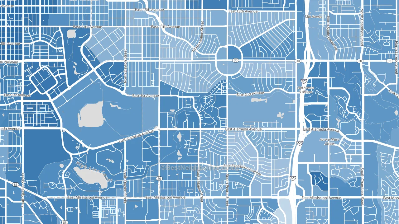 Highline Villages, Aurora, CO block-group political-lean map