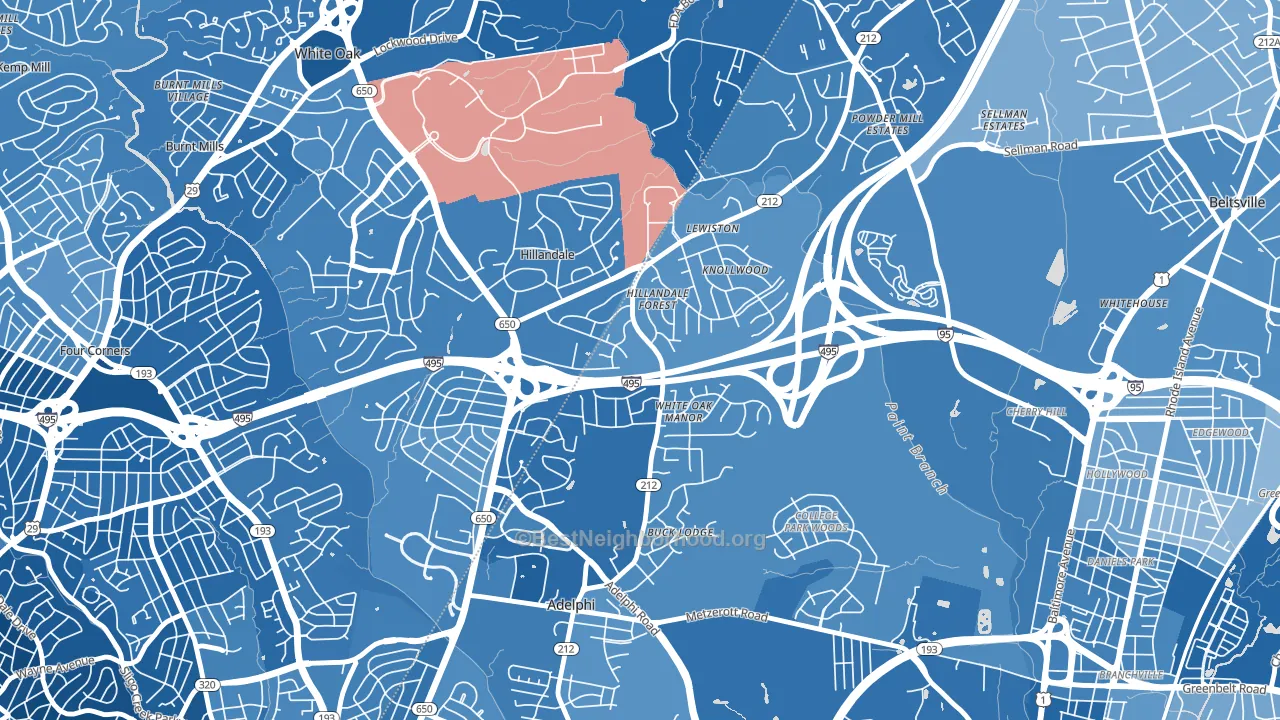Hillandale, Silver Spring, MD block-group political-lean map