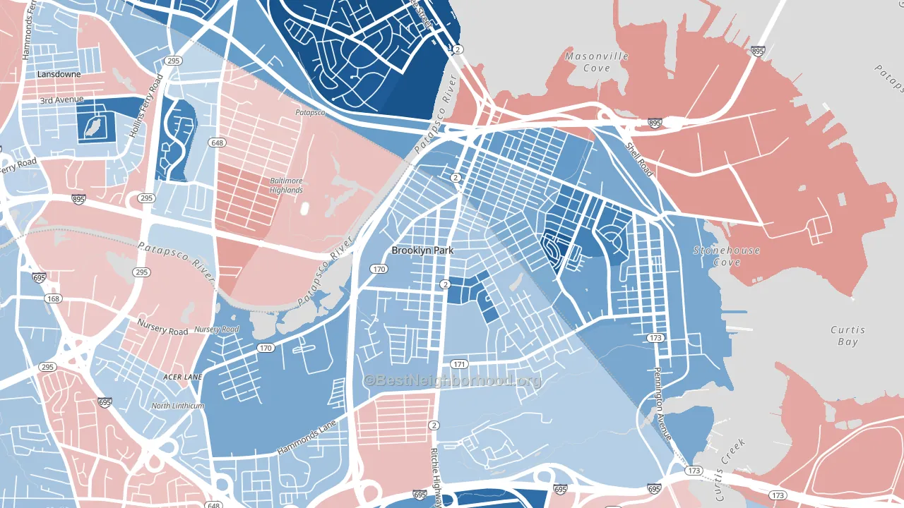 Hillcrest, Brooklyn Park, MD block-group political-lean map