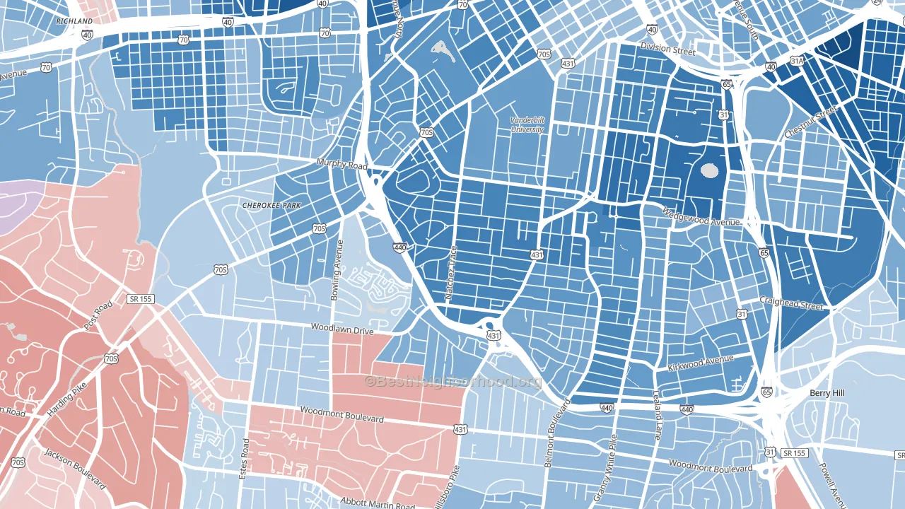 Hillsboro West End, Nashville, TN block-group political-lean map