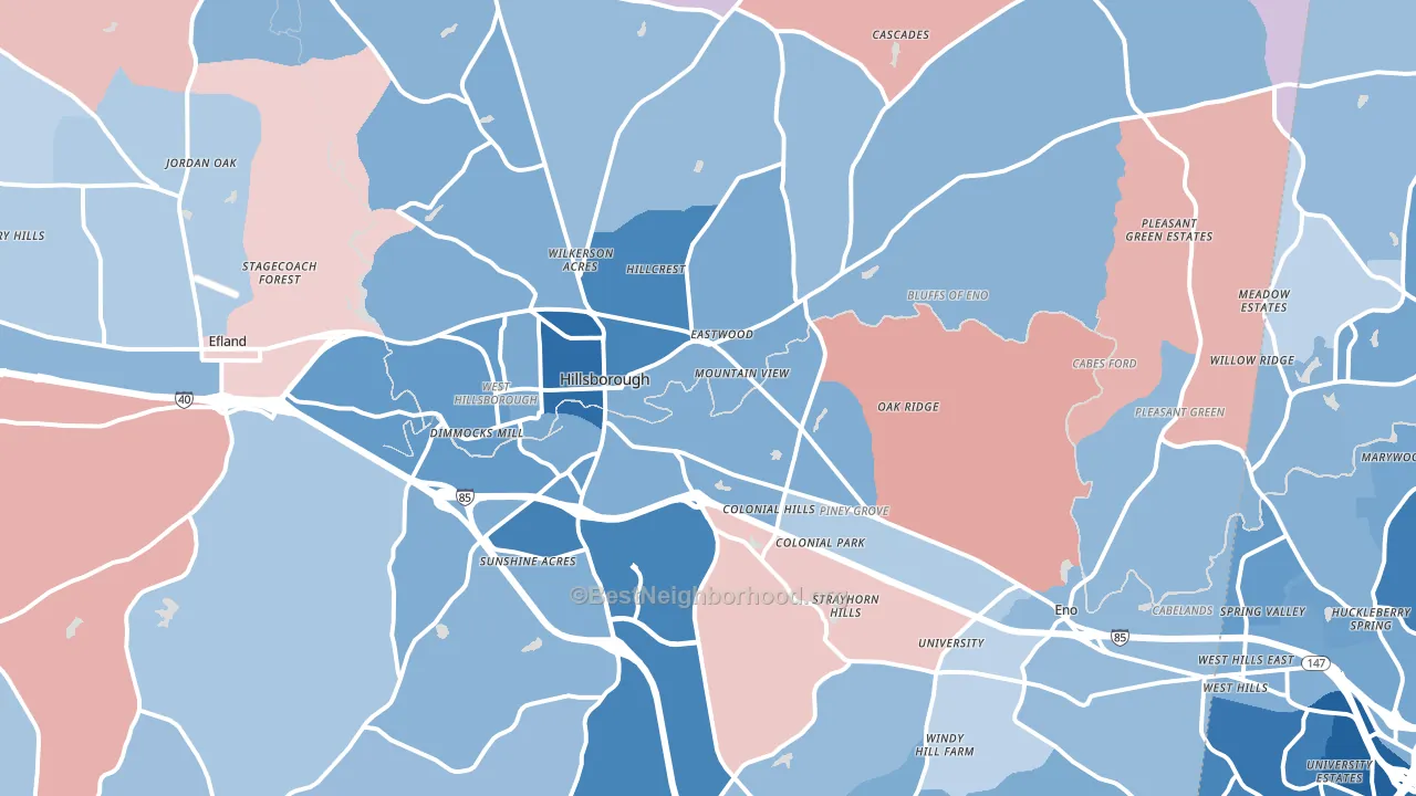 Hillsborough, NC block-group political-lean map
