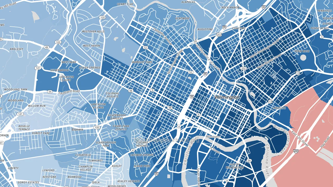 Hilltop, Wilmington, DE block-group political-lean map