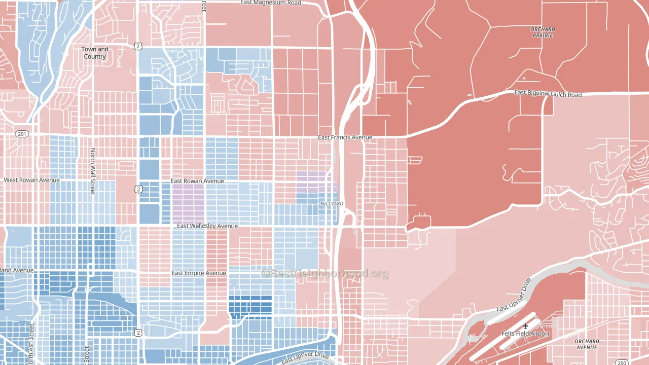 Hillyard, Spokane, WA block-group political-lean map