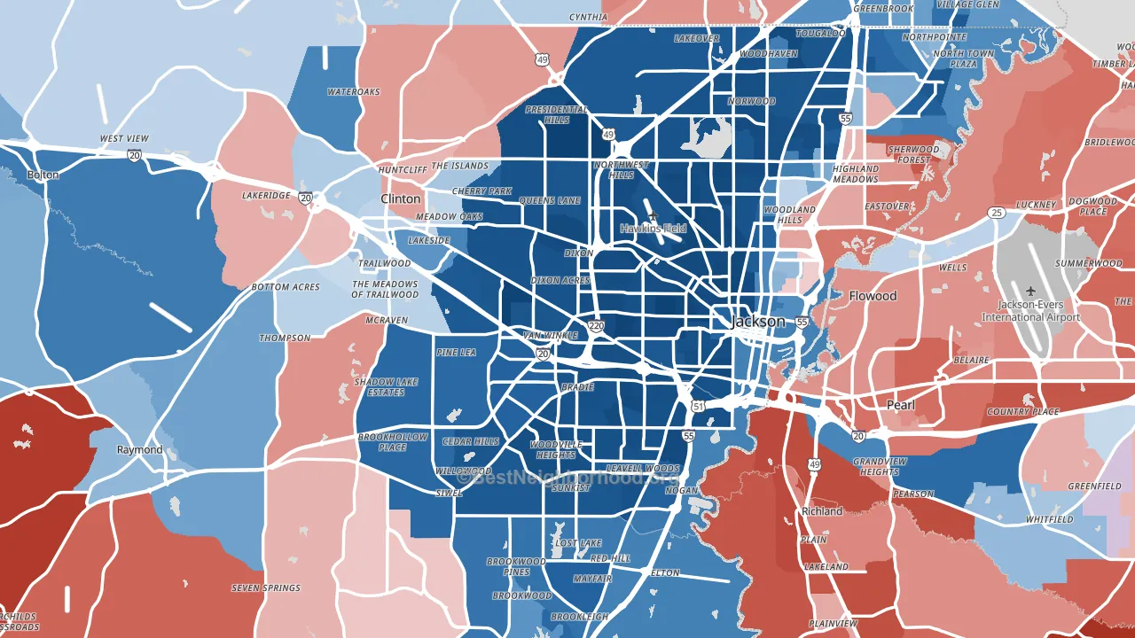 Hinds County, MS block-group political-lean map