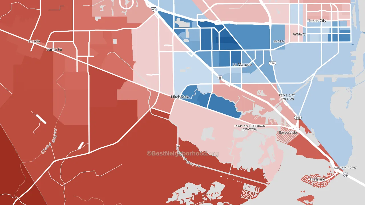 Hitchcock, TX block-group political-lean map