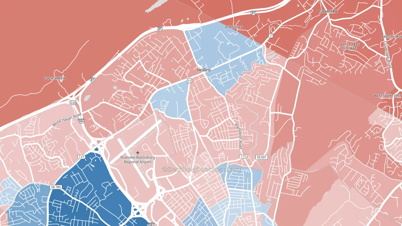 Hollins, VA block-group political-lean map