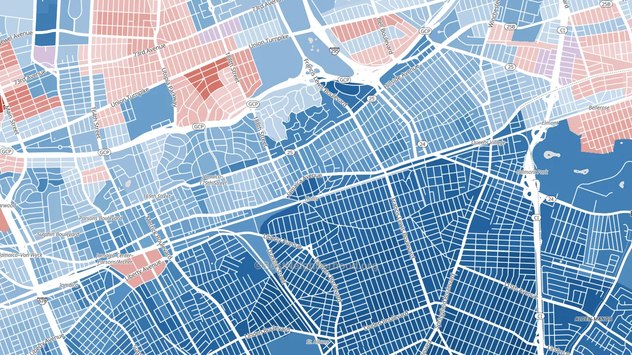Hollis, Queens, NY block-group political-lean map