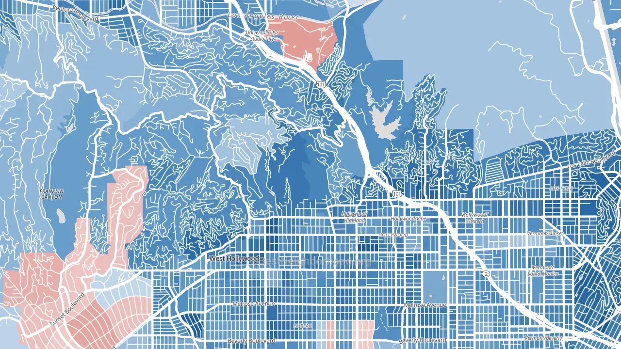 Hollywood Hills, Los Angeles, CA block-group political-lean map