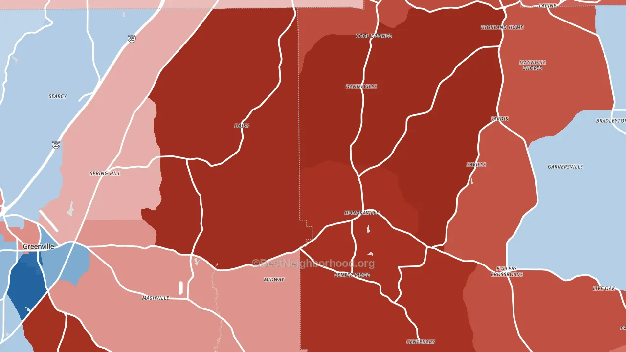 Honoraville, AL block-group political-lean map