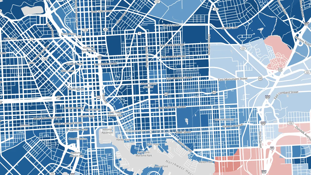 Hopkins-Middle East, Baltimore, MD block-group political-lean map