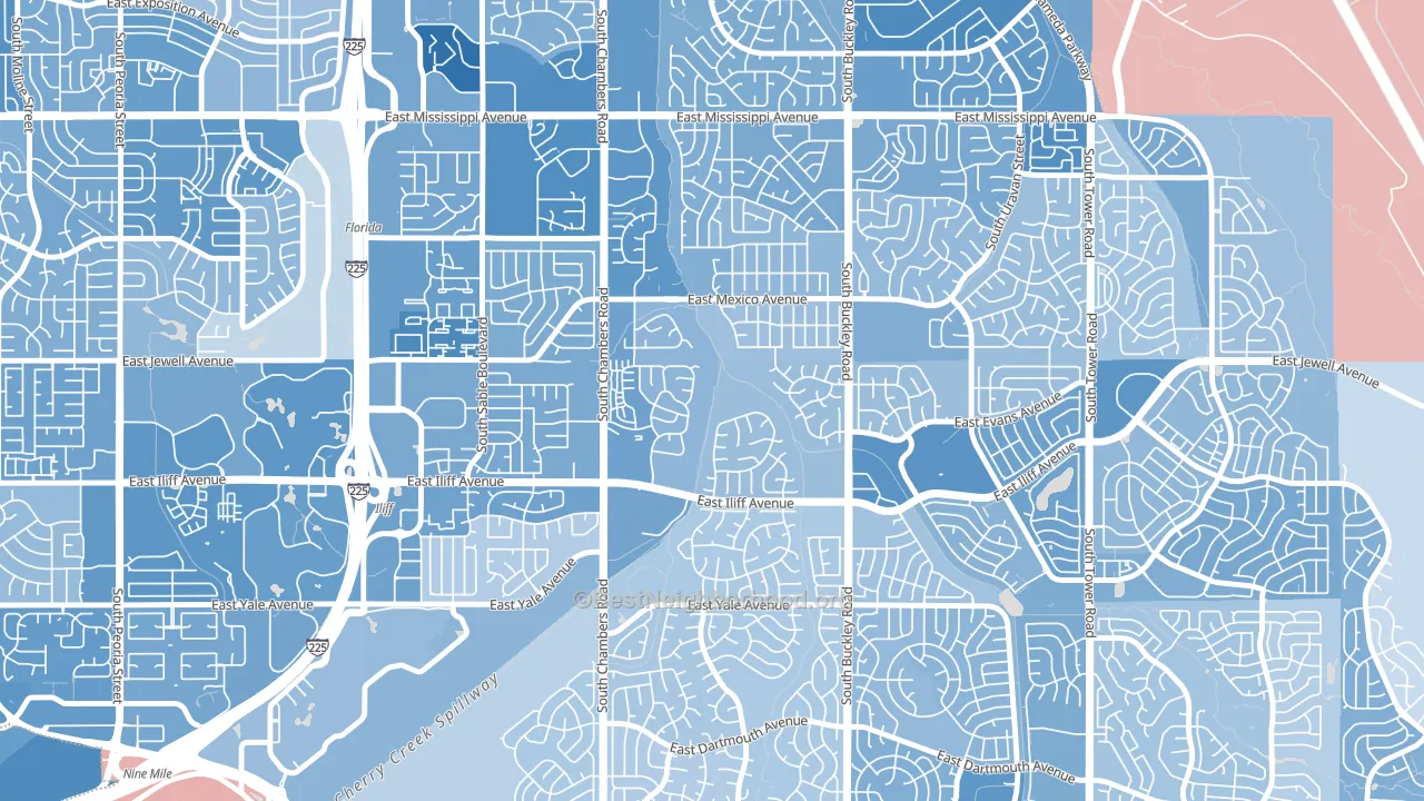 Horseshoe Park, Aurora, CO block-group political-lean map