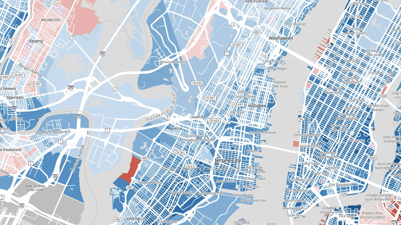 Hudson County, NJ block-group political-lean map