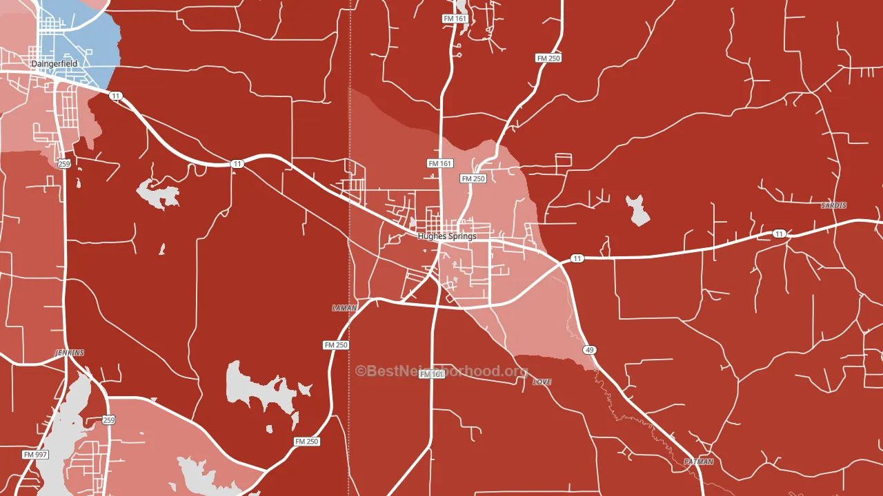 Hughes Springs, TX block-group political-lean map