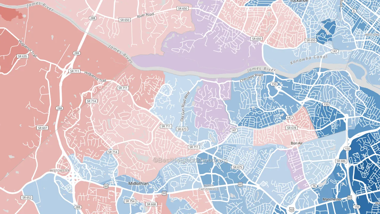 Huguenot, Richmond, VA block-group political-lean map