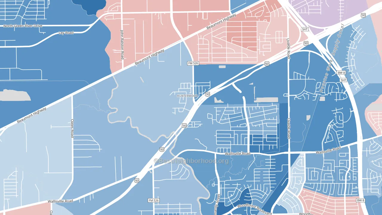 Hunterwood, Houston, TX block-group political-lean map