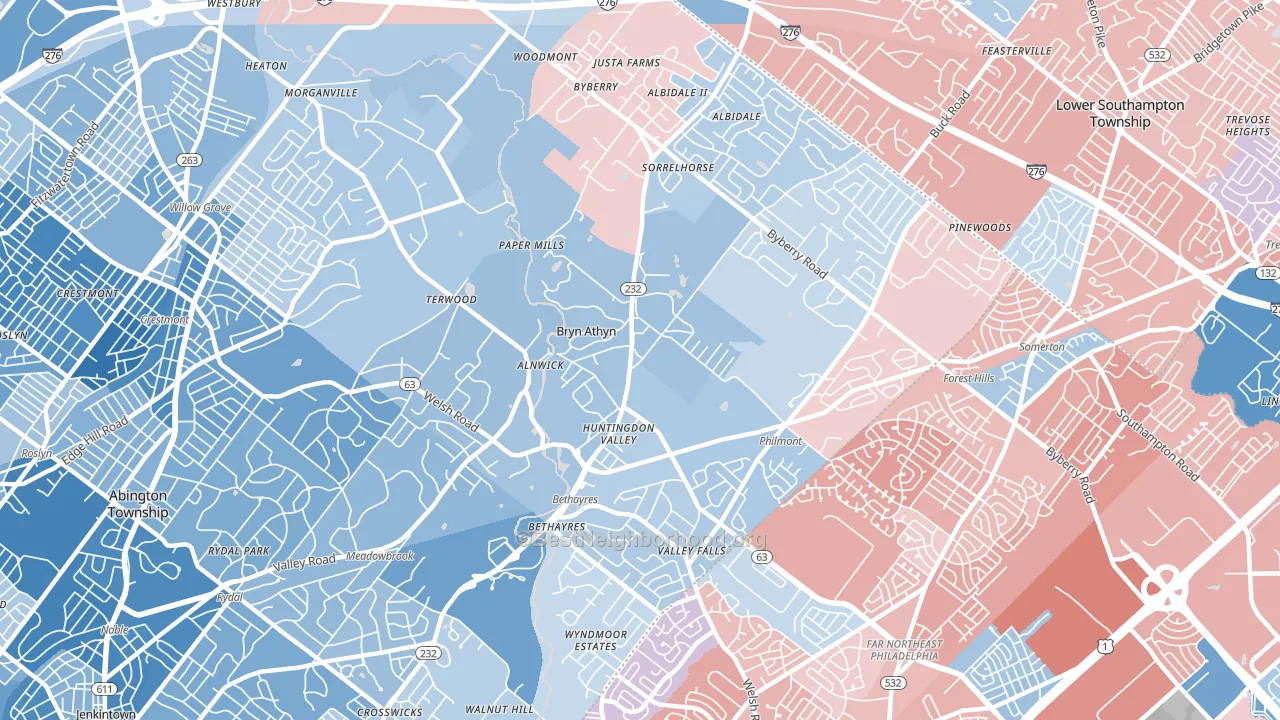 Huntingdon Valley, PA block-group political-lean map