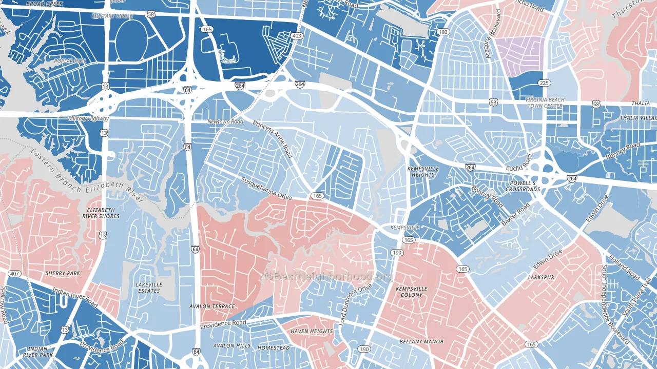 Huntington-Jefferson, Virginia Beach, VA block-group political-lean map