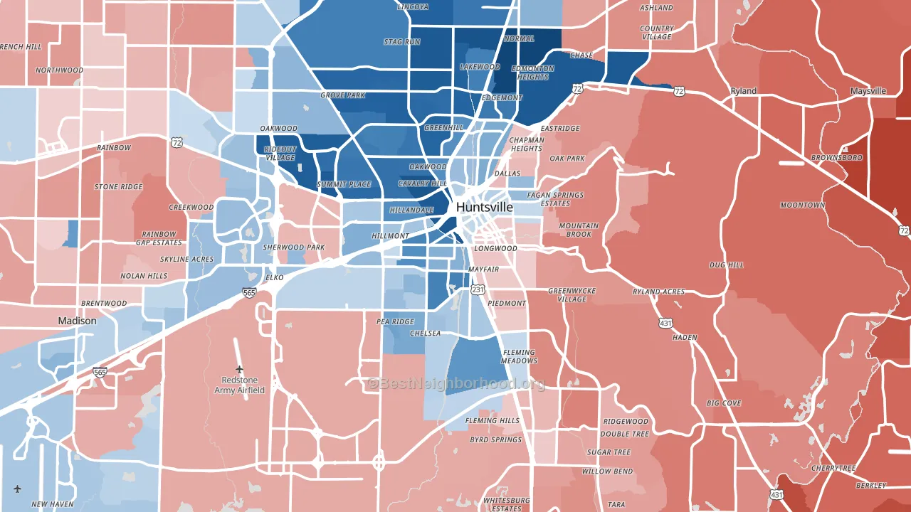 Huntsville, AL block-group political-lean map