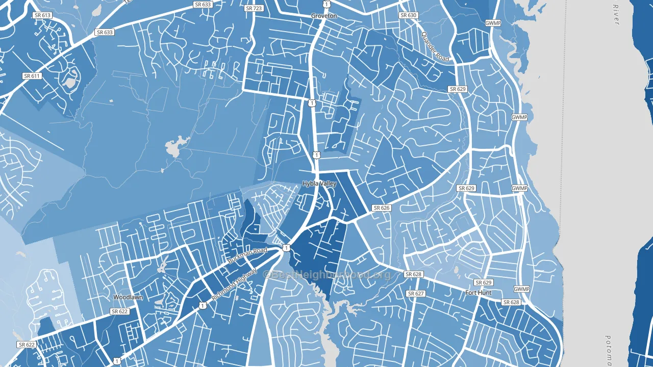 Hybla Valley, Alexandria, VA block-group political-lean map