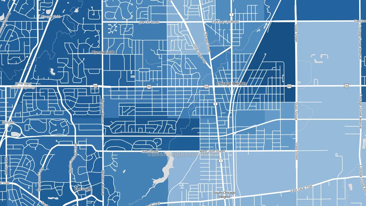 Indian Hill, Chicago Heights, IL block-group political-lean map