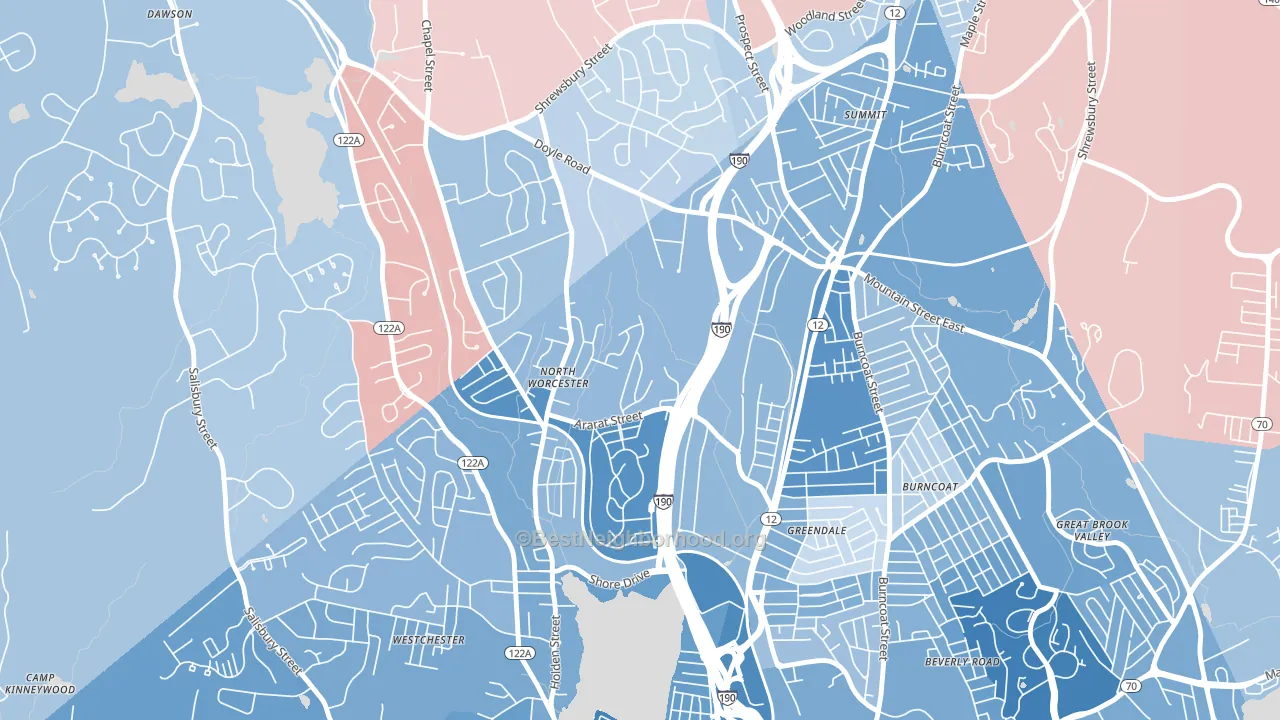 Indian Hill, Worcester, MA block-group political-lean map