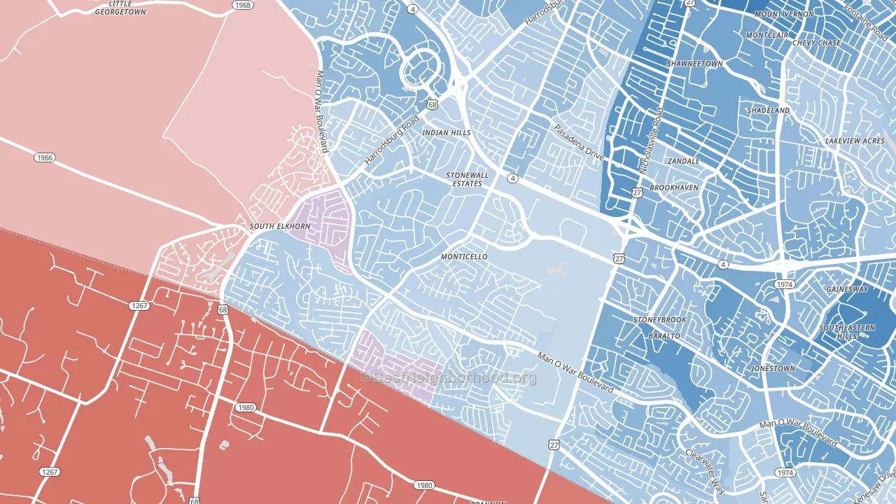 Indian Hills-Stonewall Estates-Monticello, Lexington, KY block-group political-lean map