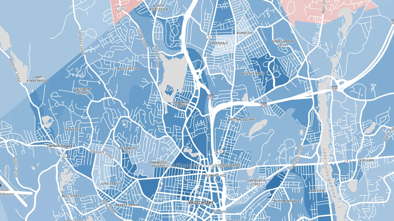 Indian Lake East, Worcester, MA block-group political-lean map