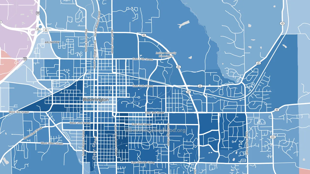 Indiana University, Bloomington, IN block-group political-lean map