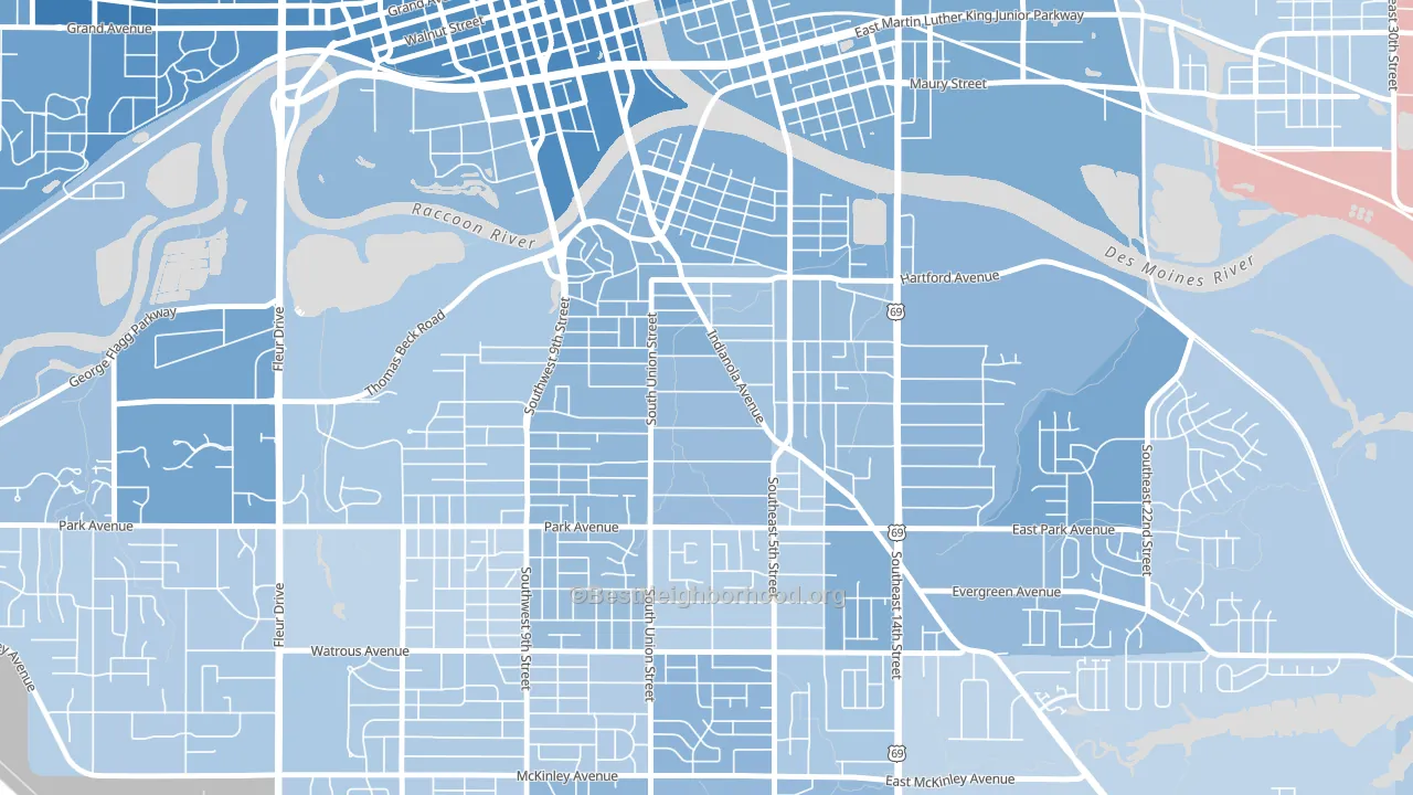 Indianola Hills, Des Moines, IA block-group political-lean map