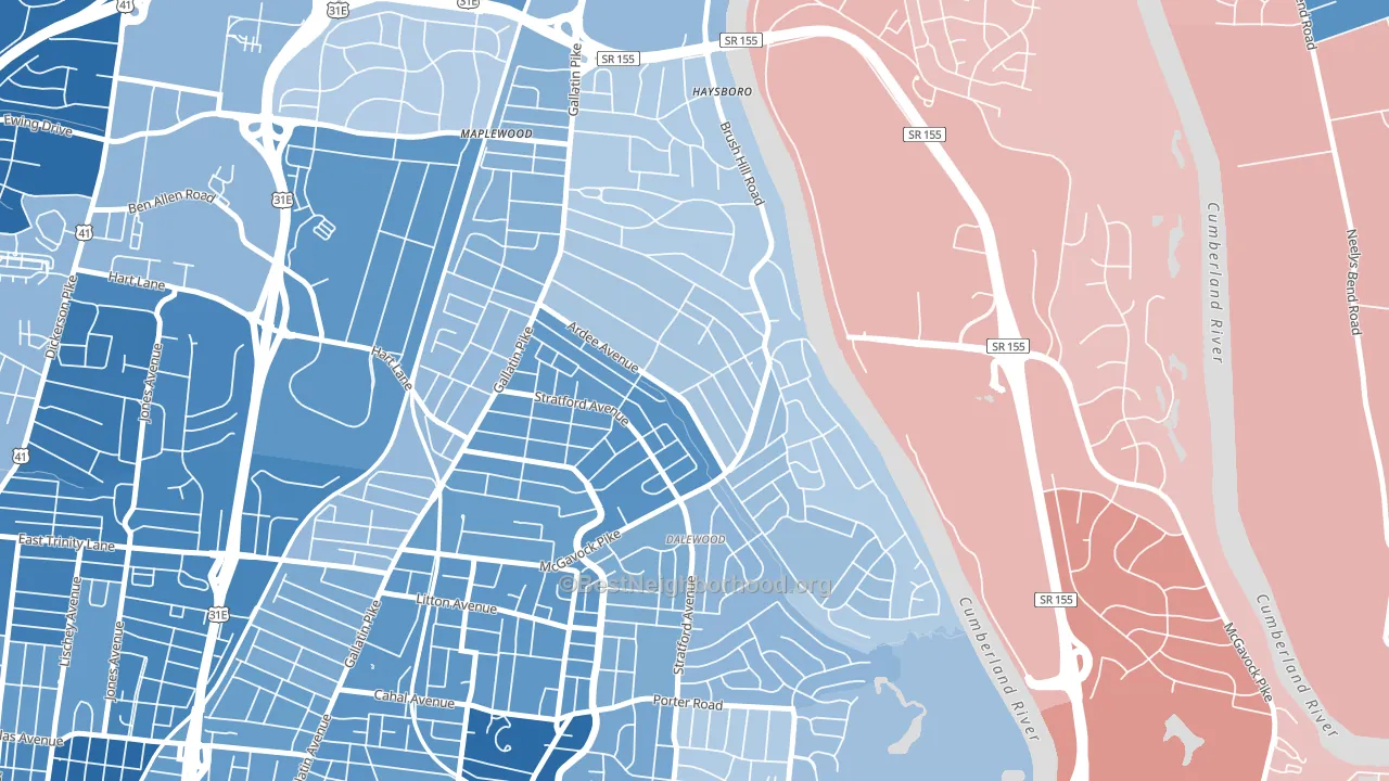 Inglewood-Riverwood, Nashville, TN block-group political-lean map