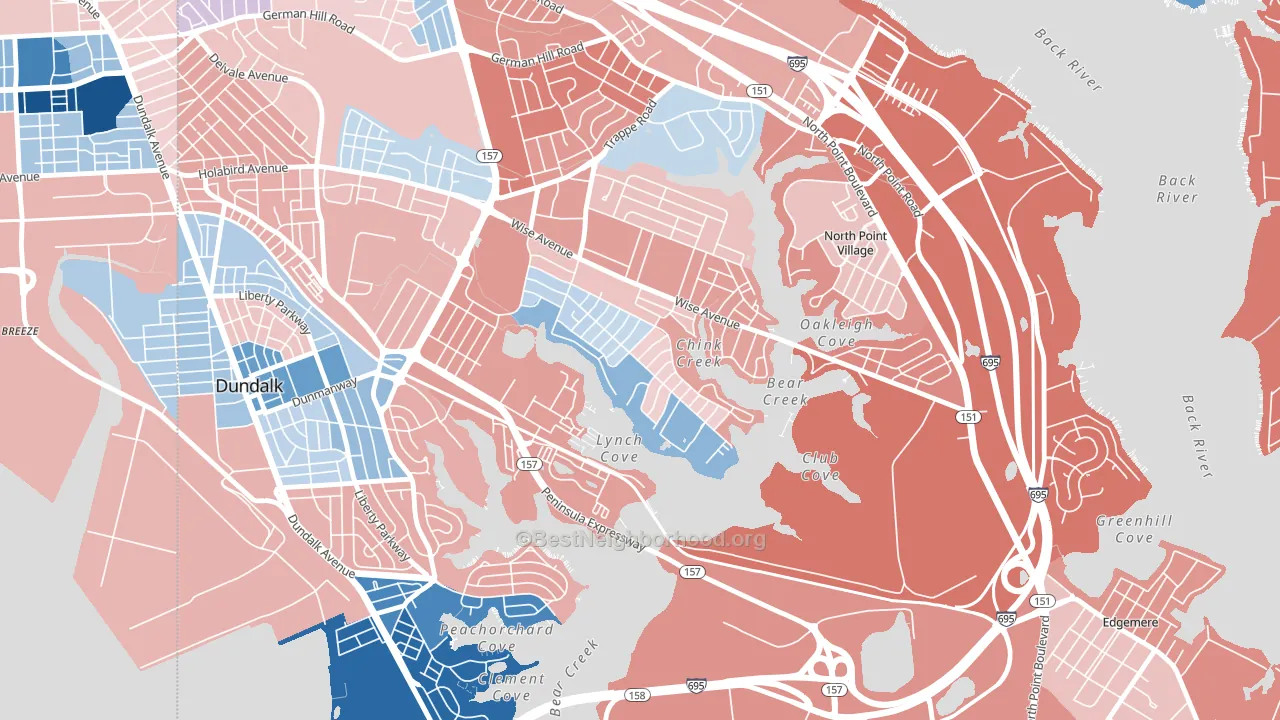 Inverness, Dundalk, MD block-group political-lean map