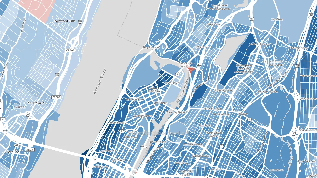 Inwood, Manhattan, NY block-group political-lean map