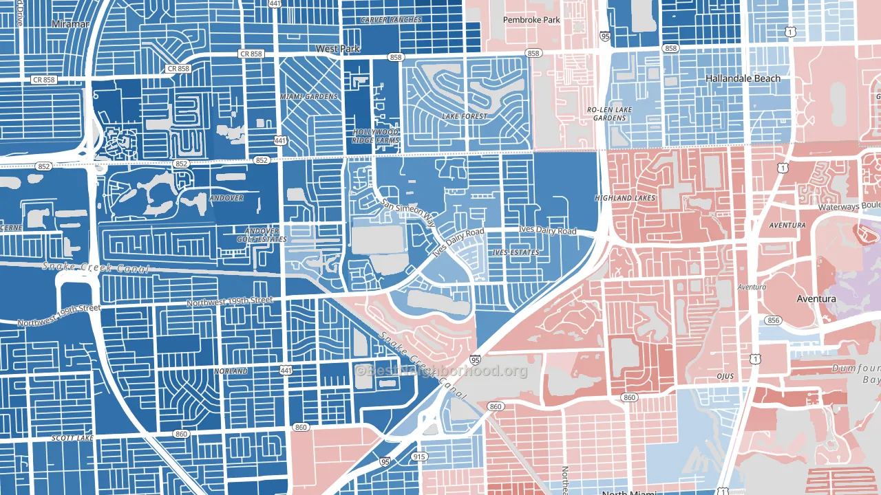 Ives Estates, FL block-group political-lean map