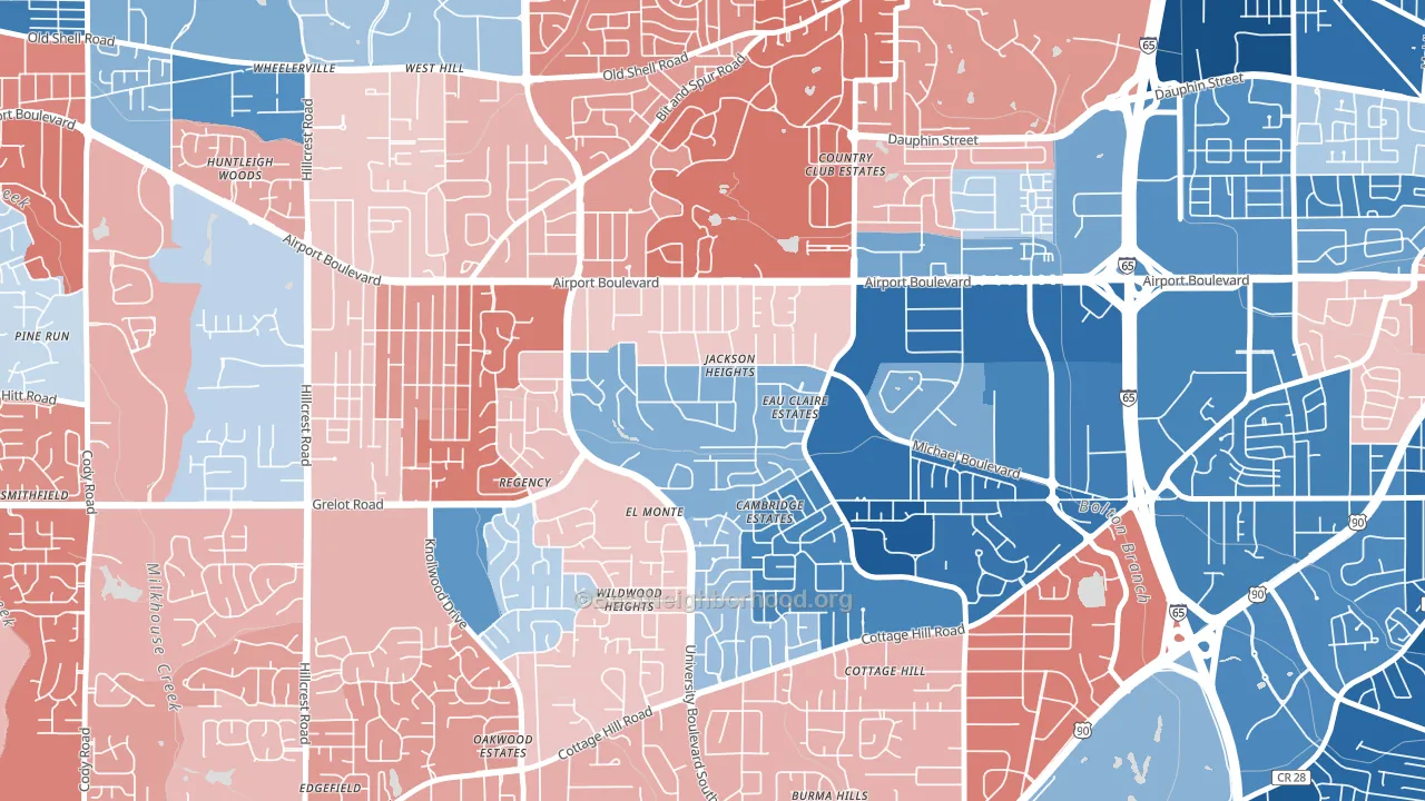 Jackson Heights, Mobile, AL block-group political-lean map