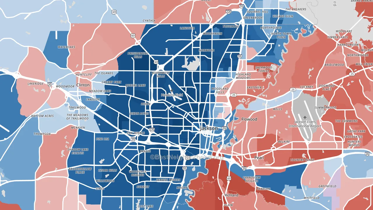 Jackson, MS block-group political-lean map