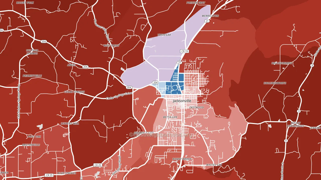 Jacksonville, AL block-group political-lean map