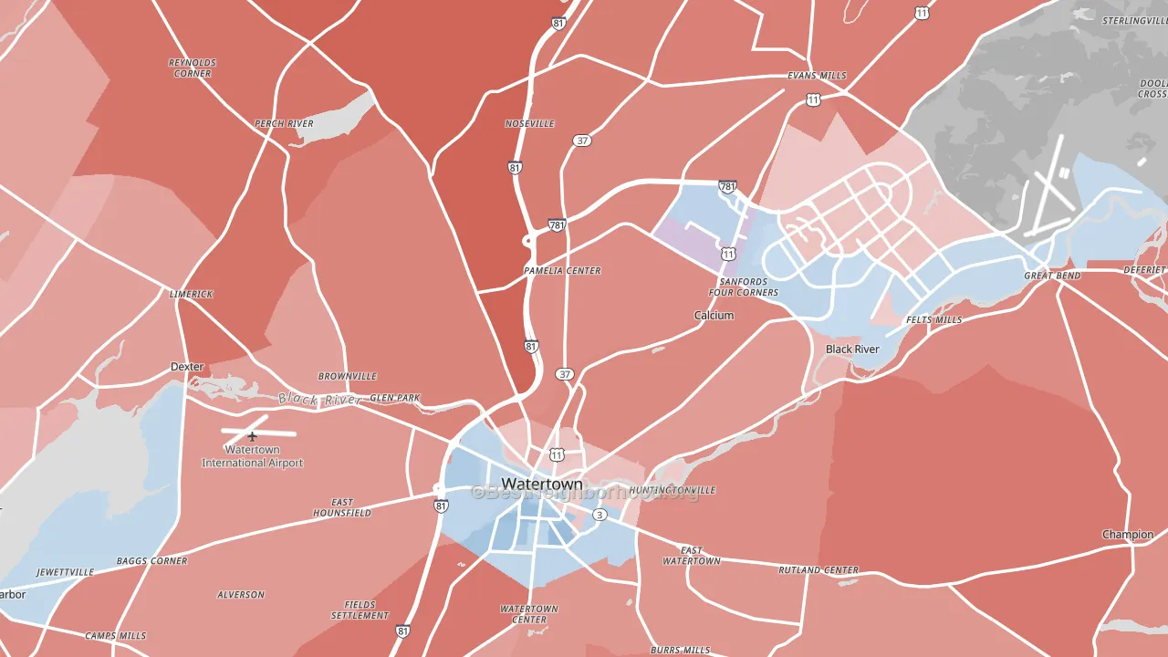 Jefferson County, NY block-group political-lean map