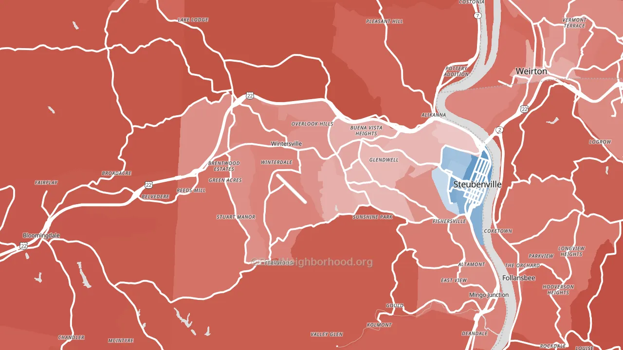 Jefferson County, OH block-group political-lean map