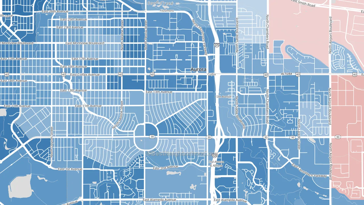 Jewell Heights-Hoffman Heights, Aurora, CO block-group political-lean map