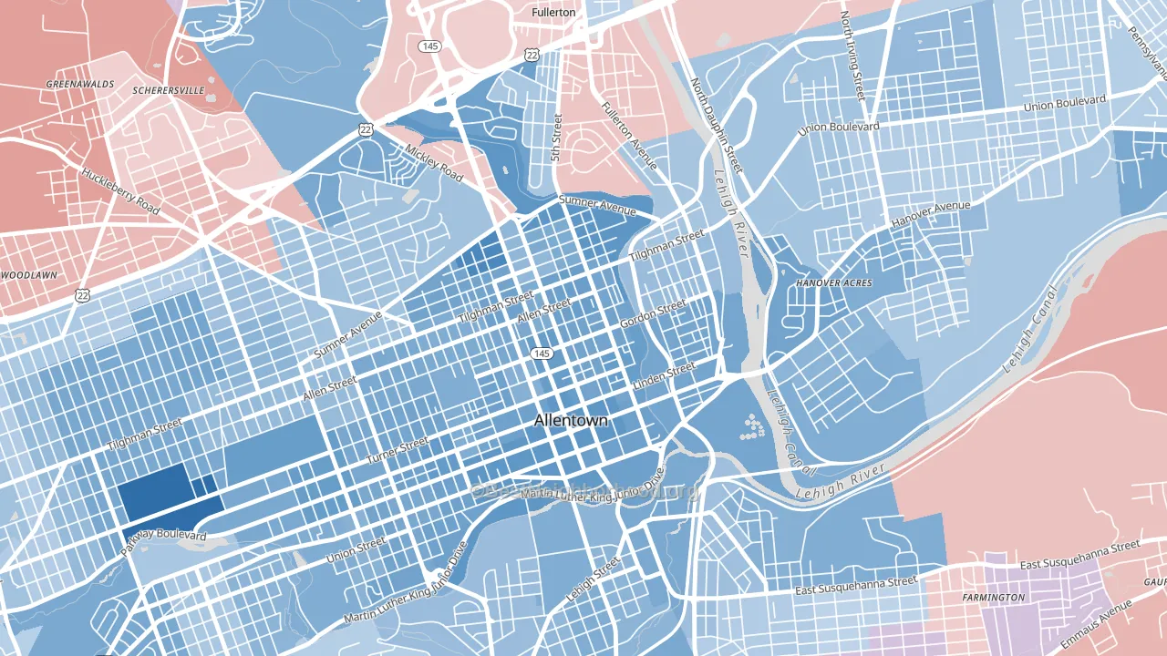 Jordan Heights, Allentown, PA block-group political-lean map
