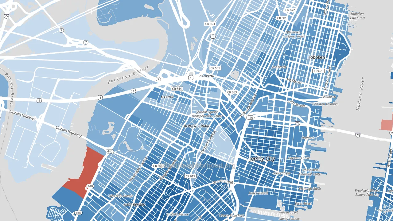 Journal Square, Jersey City, NJ block-group political-lean map