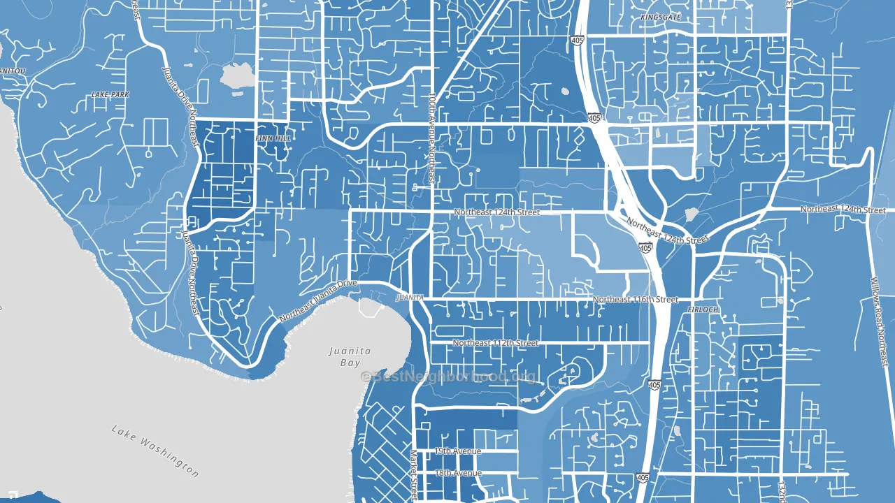 Juanita, Kirkland, WA block-group political-lean map