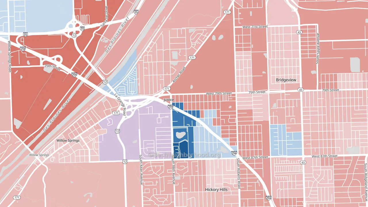 Justice, IL block-group political-lean map