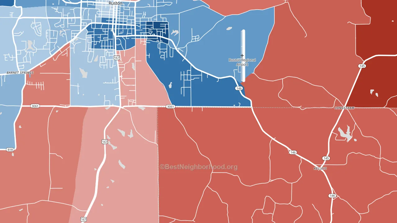 Kelleys, LA block-group political-lean map