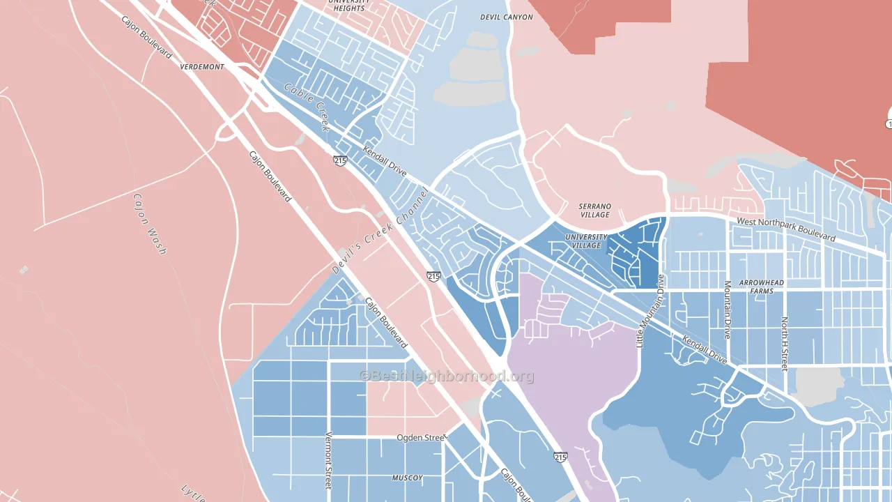 Kendall, San Bernardino, CA block-group political-lean map